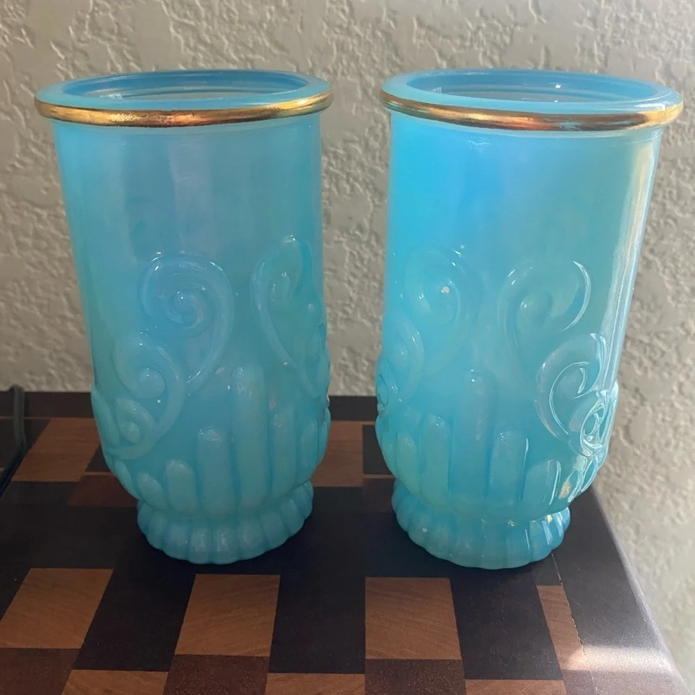 2 Vintage Avon Bristol Blue Milk Glass Embossed Art Deco Scroll Vanity Vases 5”